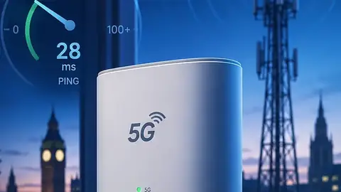 5G broadband ping test illustration showing router signal, latency and jitter