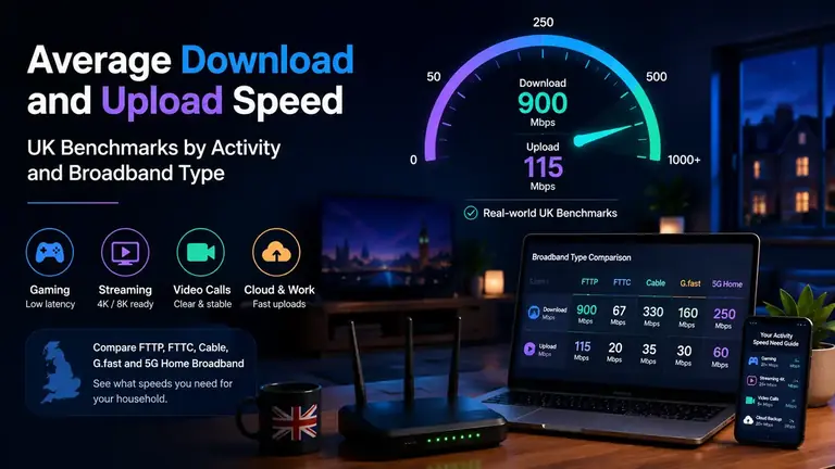 Average download and upload speed benchmarks by activity and broadband type
