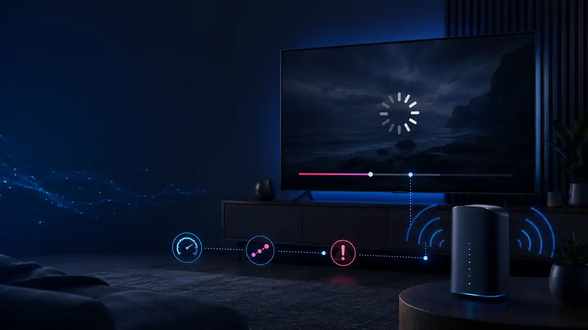 Dark 3D illustration of BBC iPlayer buffering with a TV, router, Wi-Fi signal and streaming diagnostics