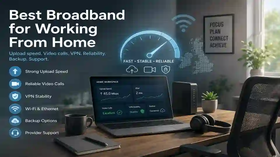 Working from home broadband dashboard showing upload speed, video calls, VPN, latency, Wi-Fi, backup and support checks