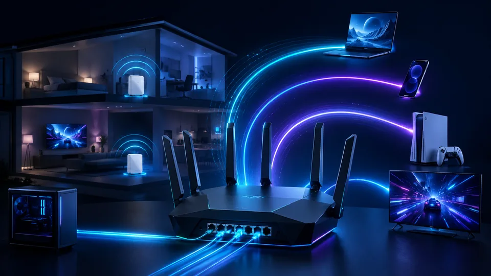 Technical overview diagram mapping Wi-Fi 7 multi-link operation MLO splitting data across concurrent 5GHz and 6GHz channels to an active multi-gigabit home router