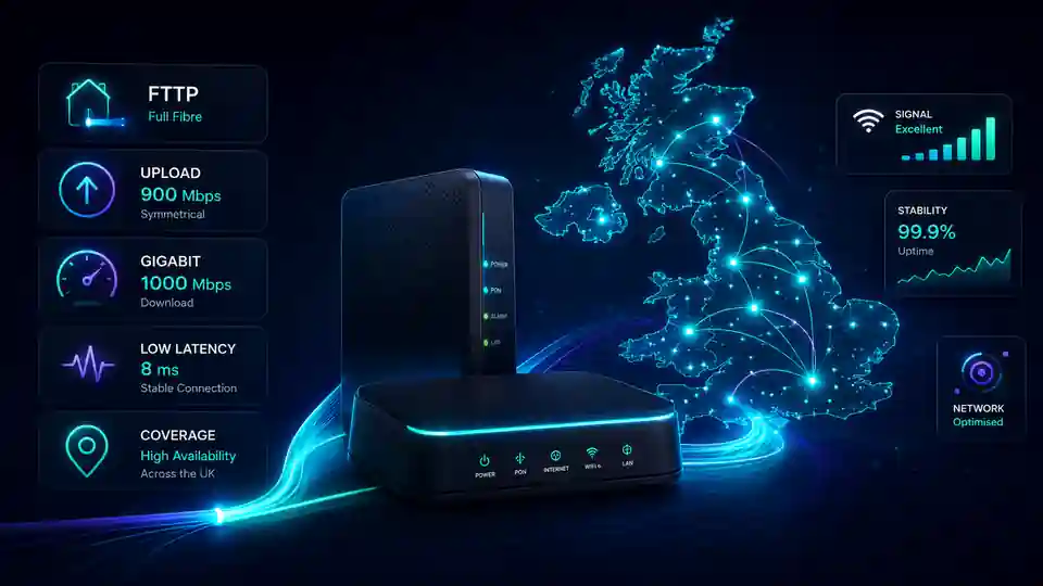UK full fibre broadband provider guide mapping FTTP network infrastructure upload profiles and low loaded latency connections
