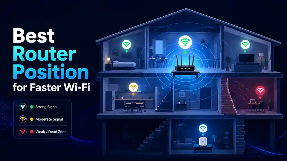Best router position illustration showing strong, moderate and weak Wi-Fi coverage across rooms in a home