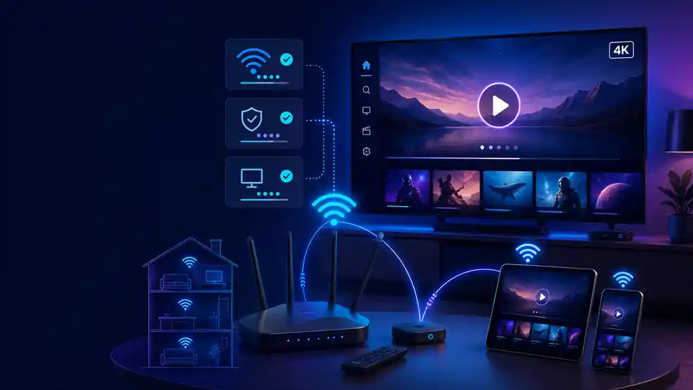 Best broadband for streaming guide showing 4K TV, Wi‑Fi signal, multi-room streaming and buffering checks