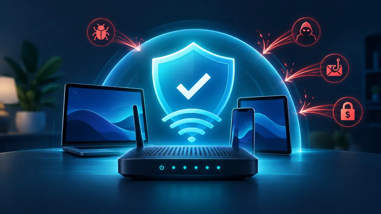 LinkSpeed broadband security diagram showing a home router and connected devices protected from malware, phishing and ransomware threats