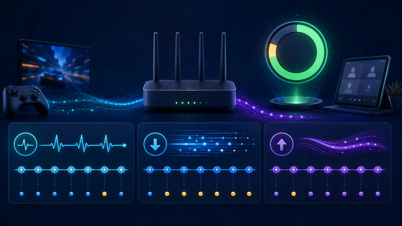 Broadband diagnostic illustration showing idle, download-loaded and upload-loaded latency phases around a router