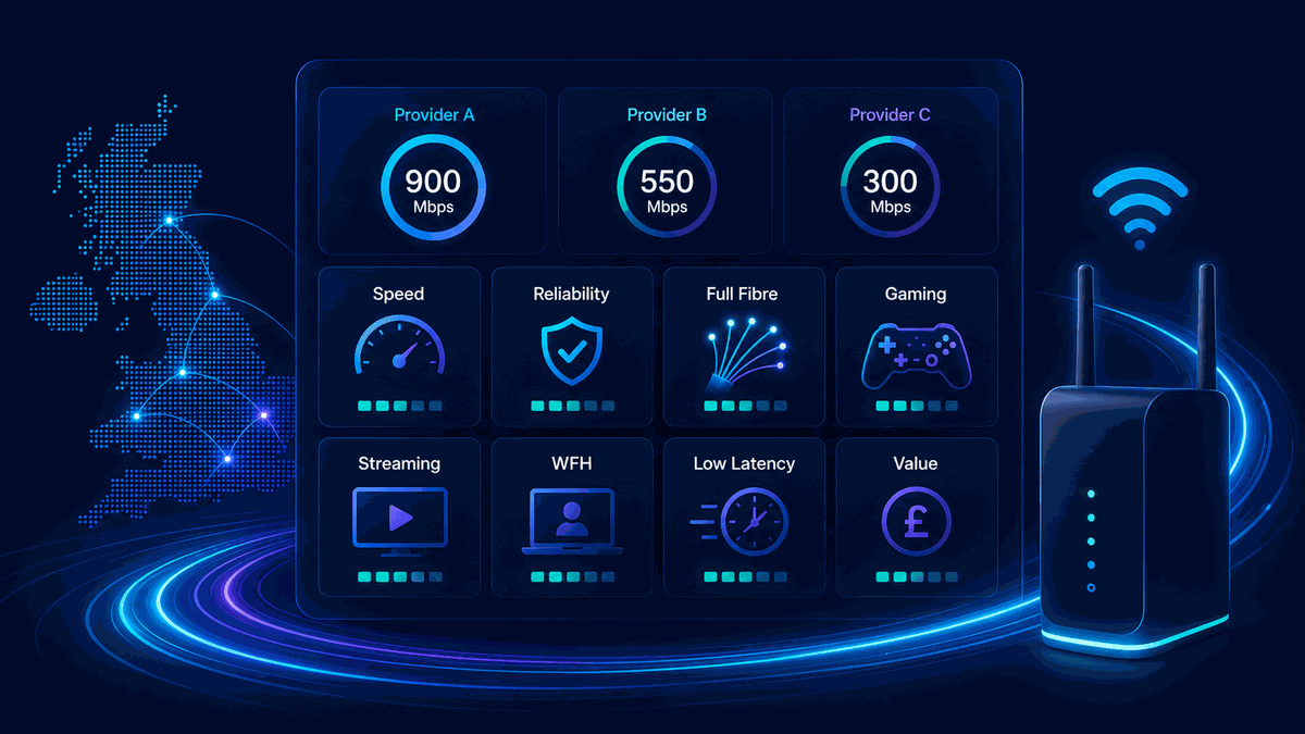 Compare broadband UK dashboard showing speed, reliability, full fibre, gaming, streaming, working from home, low latency and value