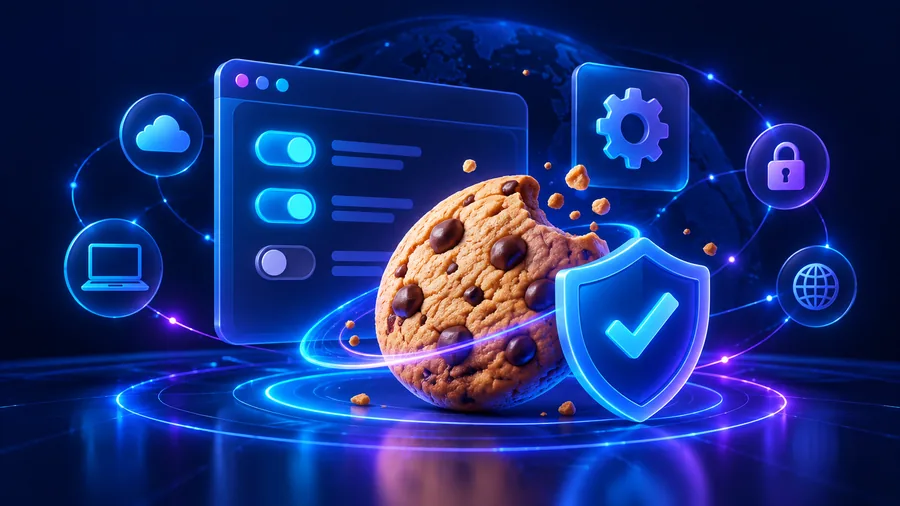 LinkSpeed cookie policy hero illustration showing a cookie, settings and consent controls