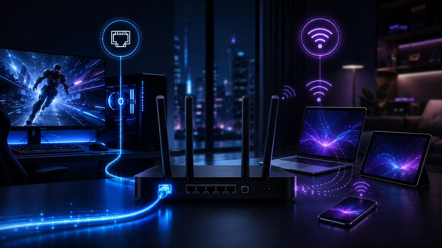Router with a wired Ethernet connection on one side and multiple wireless devices on the other, representing Ethernet versus Wi‑Fi
