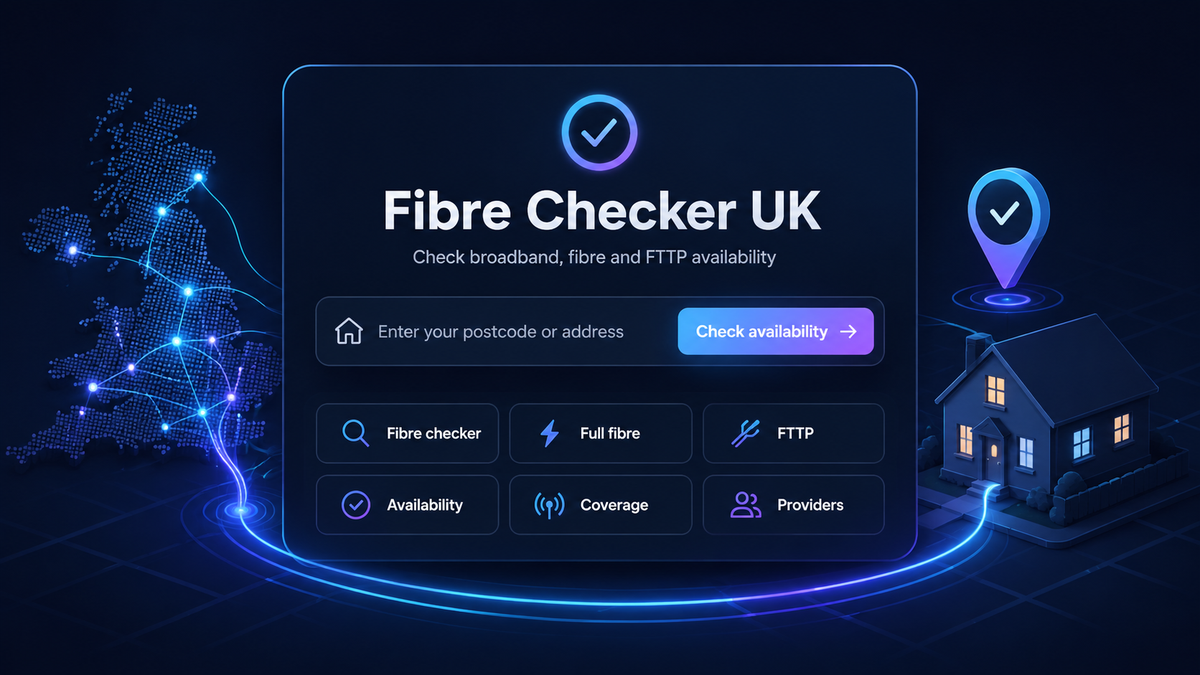 Fibre broadband checker showing full fibre, FTTP and provider availability for a UK home