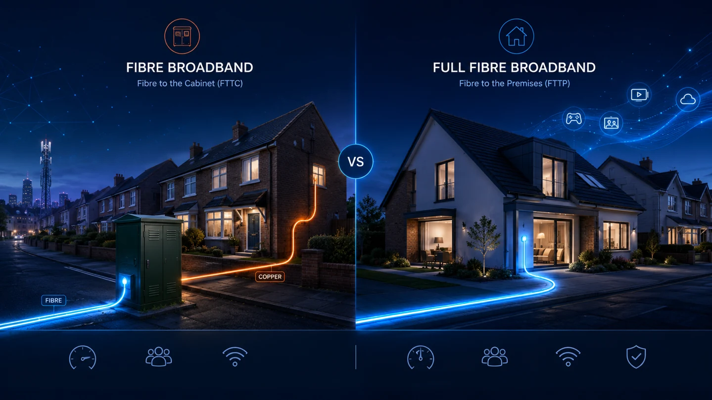 Comparison graphic showing fibre broadband FTTC versus full fibre FTTP with cabinet and home connection paths
