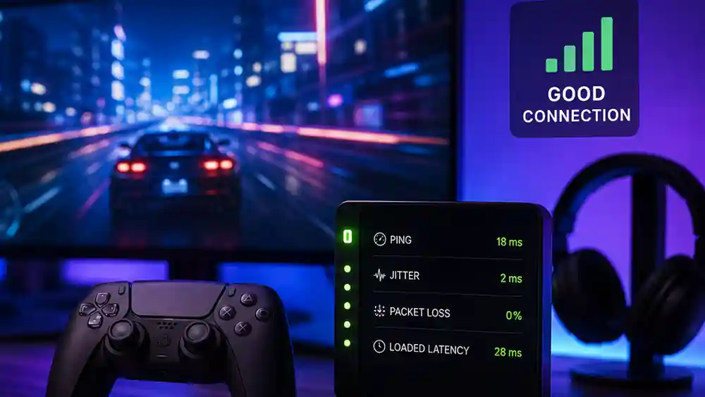 Low-latency gaming setup with controller, headset and live ping, jitter and packet-loss readings
