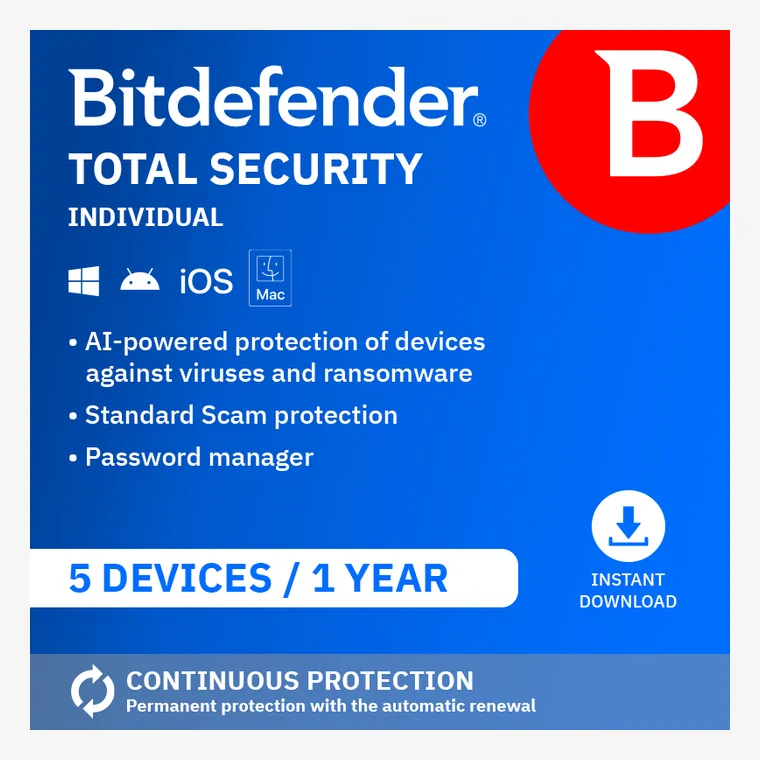 Bitdefender Total Security 2026 five-device UK security software product image