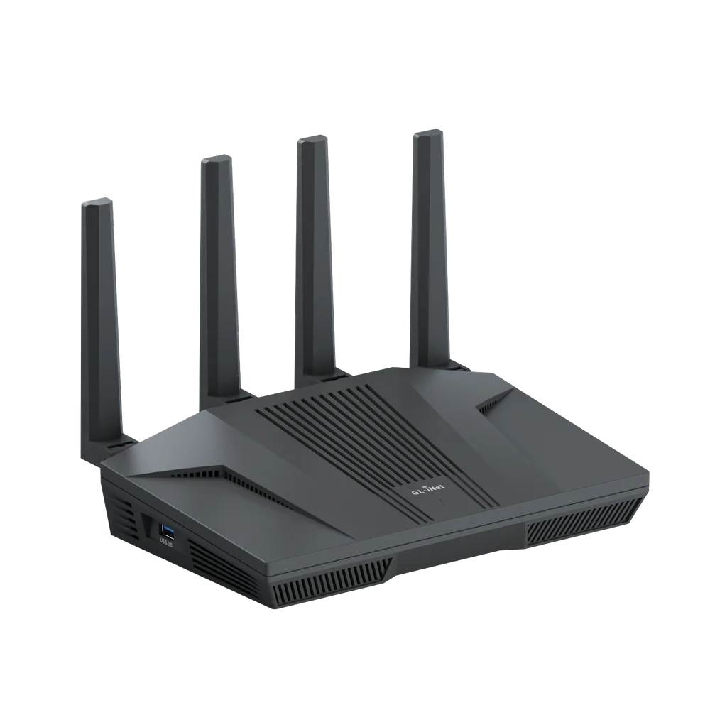GL.iNet Flint 2 GL-MT6000 black Wi-Fi 6 router with four antennas