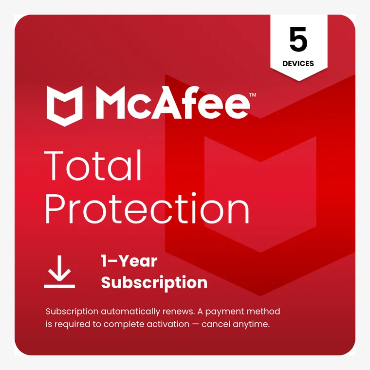 McAfee Total Protection one-year five-device UK security software product image