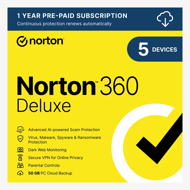 Norton 360 Deluxe five-device one-year UK security software product image