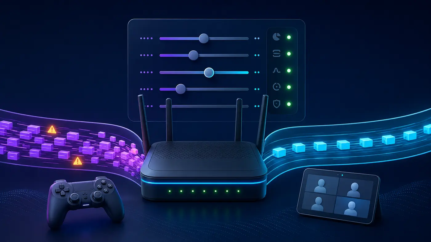 Illustration of router controls turning congested data packets into a smooth evenly spaced flow