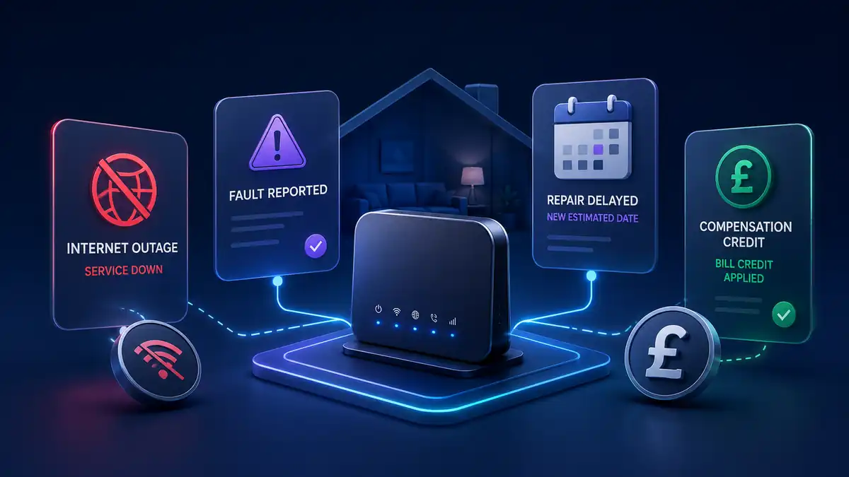 Internet outage compensation concept illustration showing a home router, outage alert, fault reported panel, delayed repair calendar and compensation bill credit