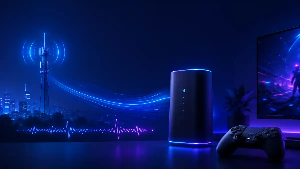 5G home broadband gaming illustration showing a 5G mast, router, latency waveform and gaming controller