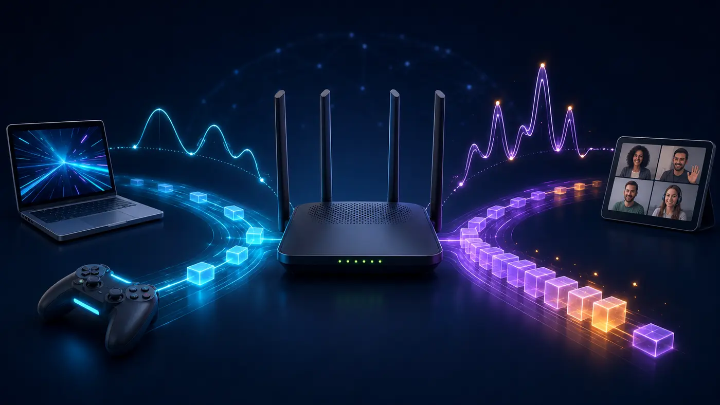 Illustration comparing smooth internet traffic with queued data causing latency around a broadband router