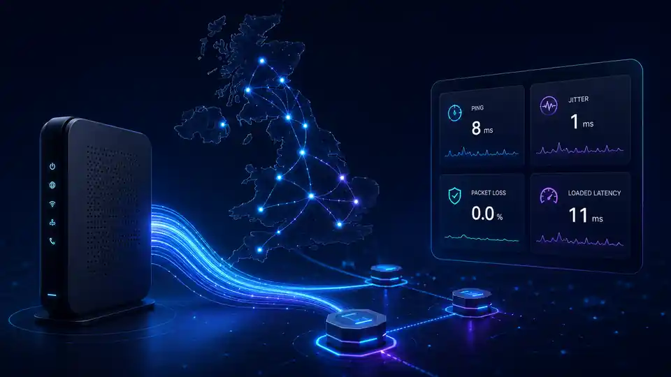 UK low latency broadband guide showing fibre router network routing paths and loaded latency metrics