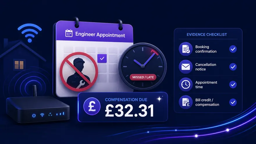 Missed engineer appointment compensation illustration showing appointment window, late cancellation, bill credit and evidence checklist