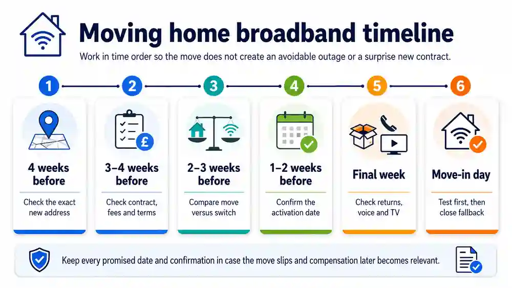 Timeline showing the broadband move sequence from four weeks before the move through to move-in day