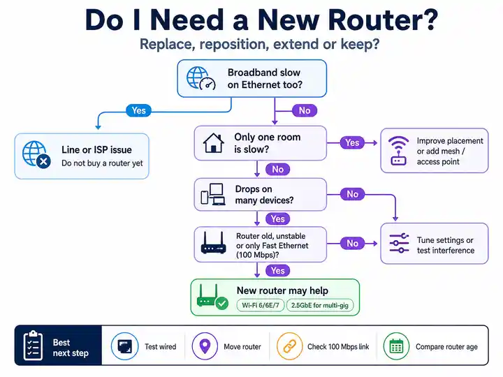 Decision-tree diagram showing when to keep, reposition, extend or replace a broadband router after Ethernet and Wi-Fi checks.