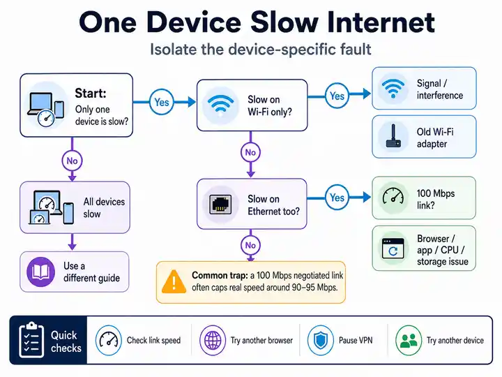Flowchart for isolating slow internet on one device by comparing Wi-Fi, Ethernet, a 100 Mbps link and browser, CPU or storage faults.