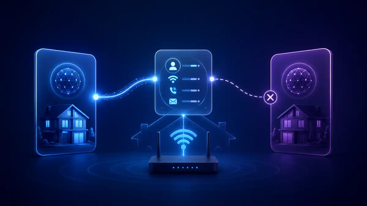 One Touch Switch concept illustration showing a home router, transfer hub, connected new provider and disconnected old provider