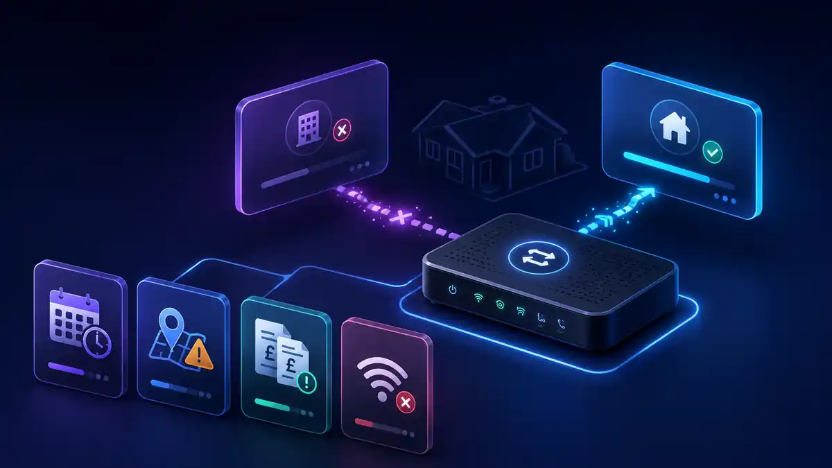 One Touch Switch problems illustration showing a router hub, failed match, delayed switch, double billing and service outage alerts
