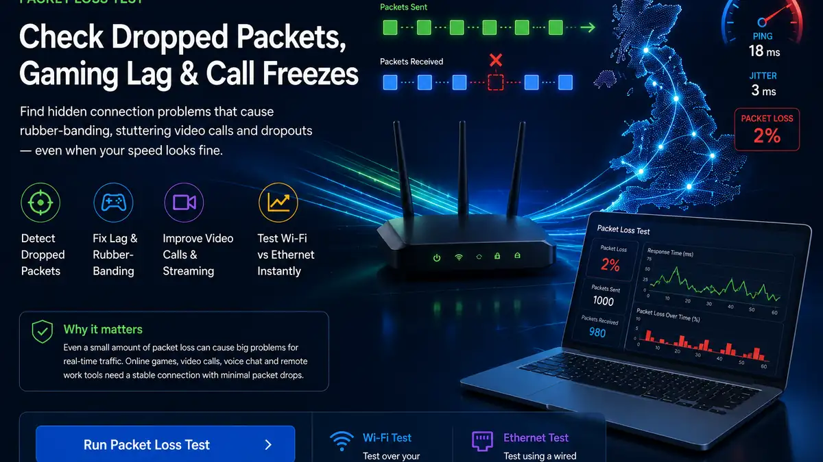 Packet loss test illustration showing dropped packets, ping, jitter and router checks