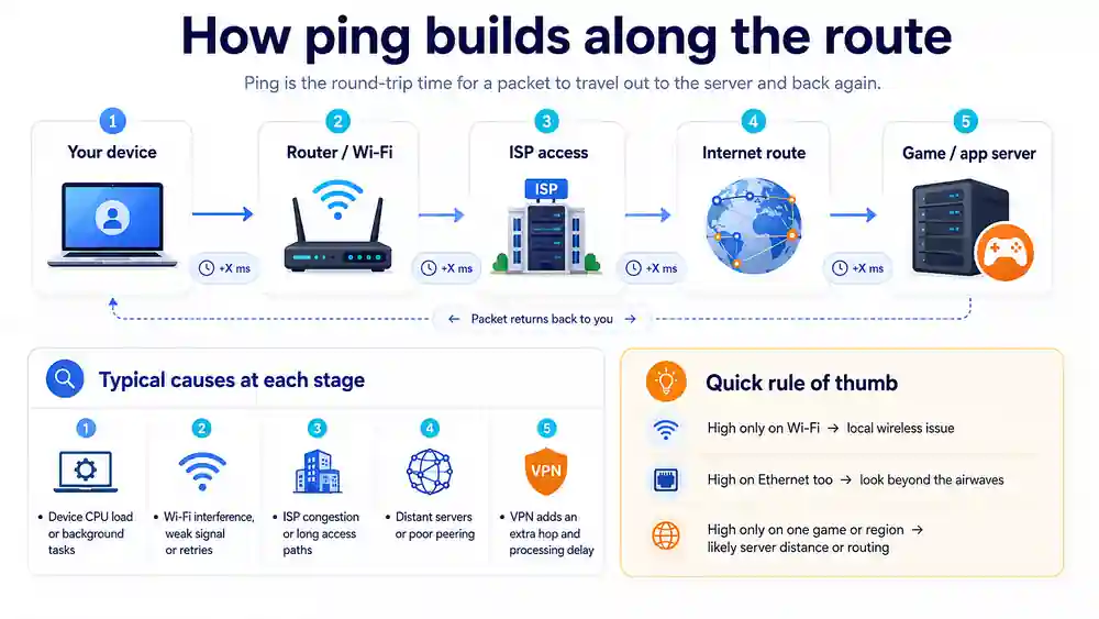 Ping route diagram showing the packet path from your device through the router, ISP access network, internet route and destination server