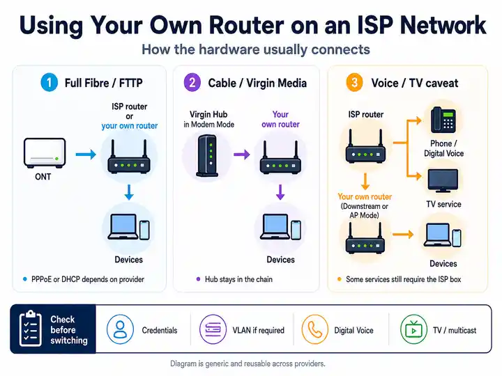 Generic own-router connection diagram showing FTTP ONT to router, Virgin Media Hub modem mode, and the need to retain an ISP router for some voice or TV services.