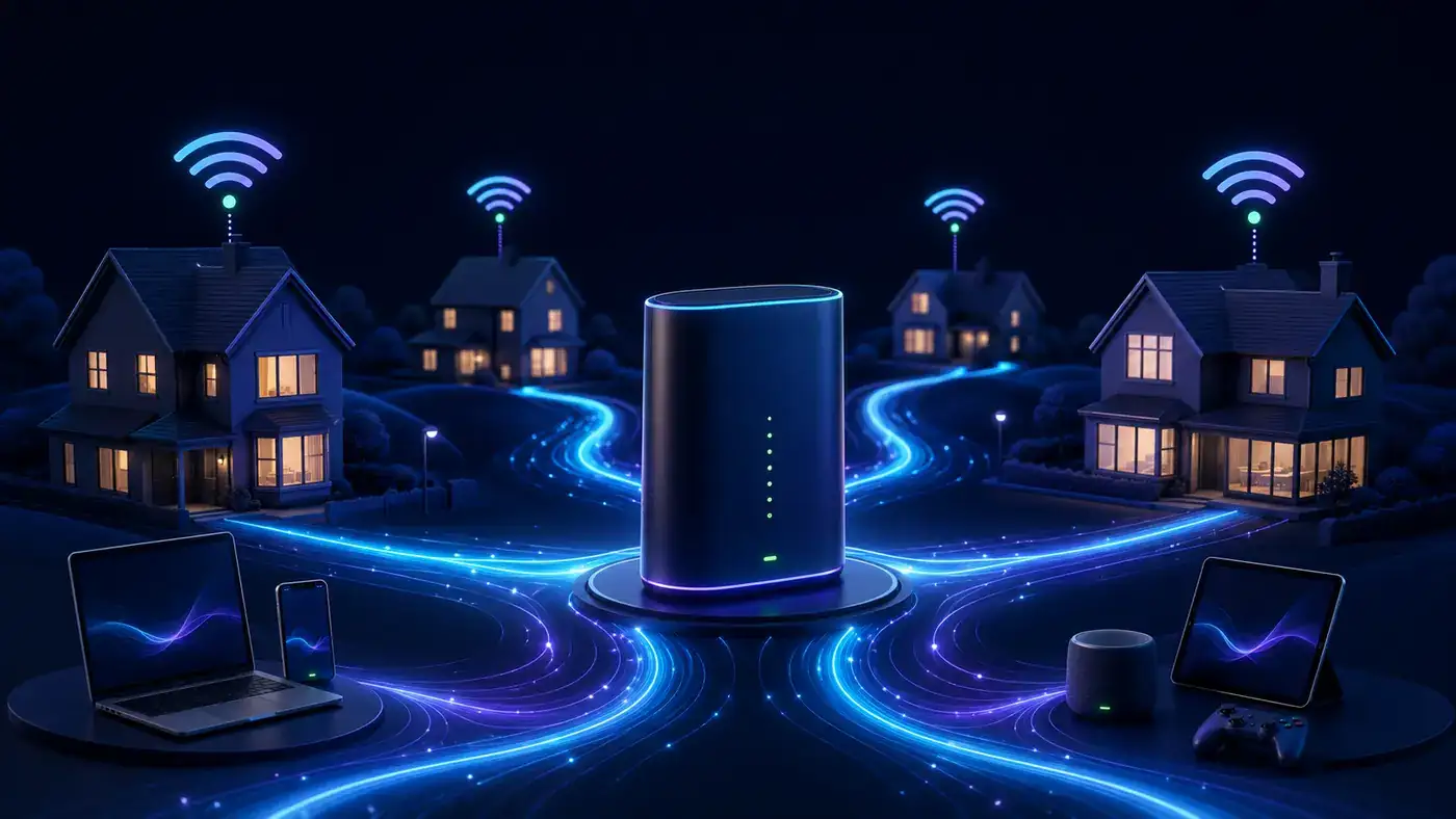 Illustration of UK homes and connected devices linked through a broadband router