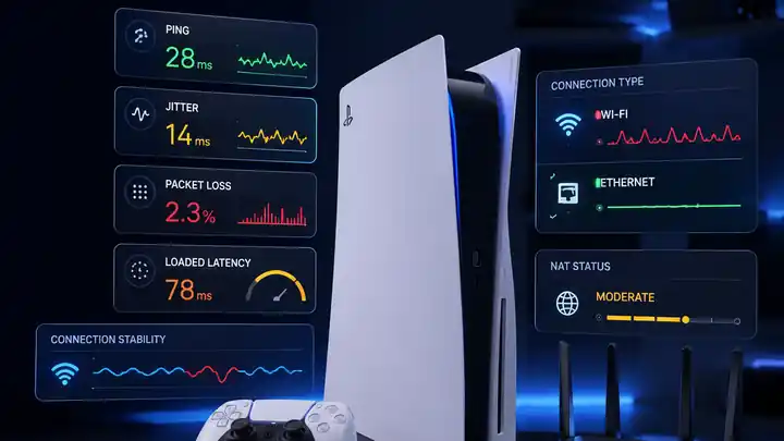 PlayStation 5 network diagnosis showing ping, jitter, packet loss, loaded latency, Wi-Fi, Ethernet and NAT status
