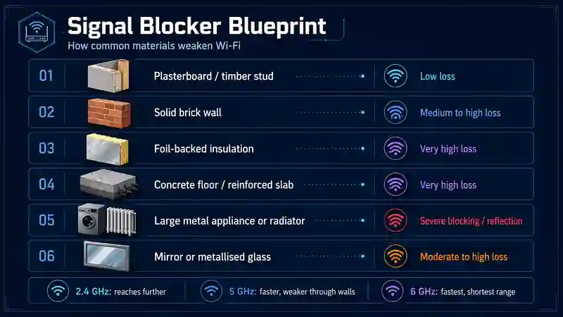 Professional signal blocker blueprint showing how plasterboard, brick, foil-backed insulation, concrete, metal appliances and metallised glass weaken home Wi-Fi.