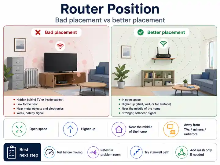 Good versus bad router placement diagram showing a router hidden low behind furniture compared with an elevated central open-air position.