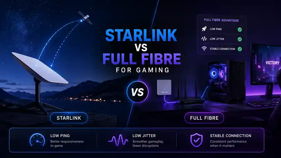 Starlink satellite broadband versus full fibre gaming comparison illustration