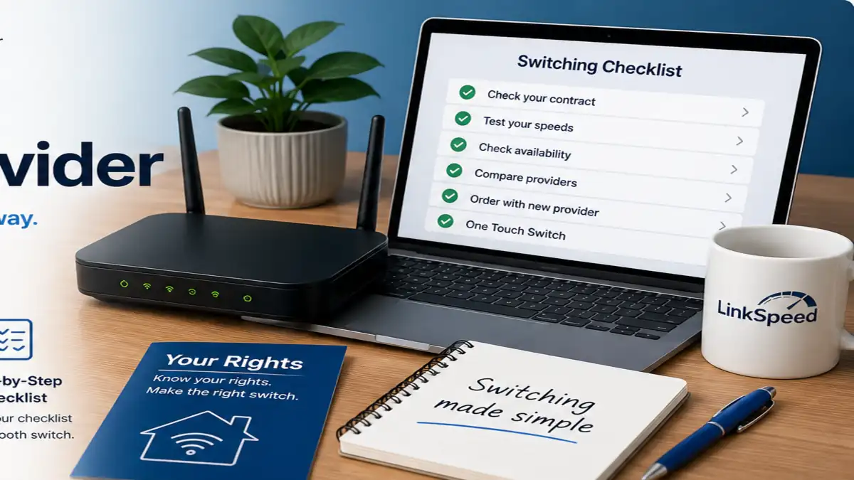 Broadband moving home planning illustration with router, home and connection checklist