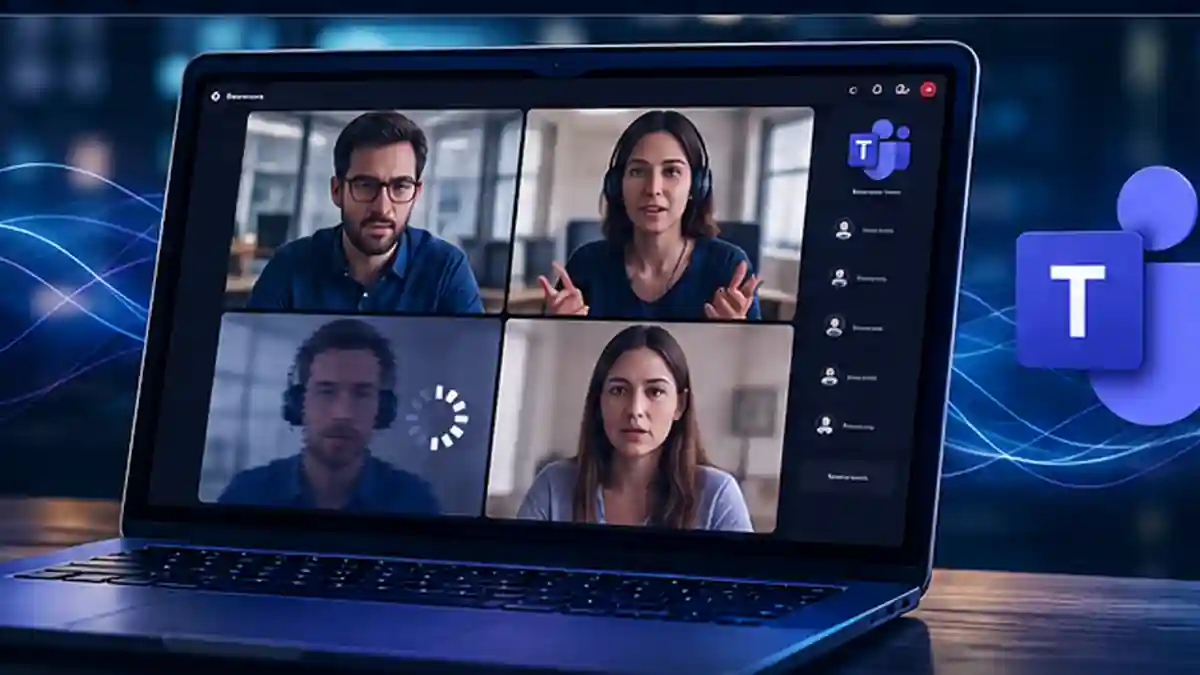 Dark 3D illustration of a laptop video meeting affected by network lag