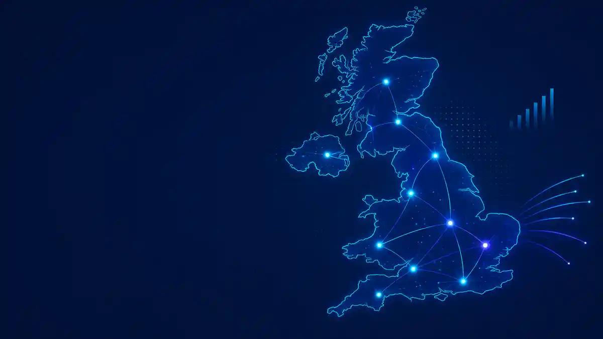 Connected UK map showing broadband coverage links between major cities