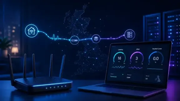 Ping test illustration showing a router, UK network path and live latency dashboard for ping, jitter and failed requests