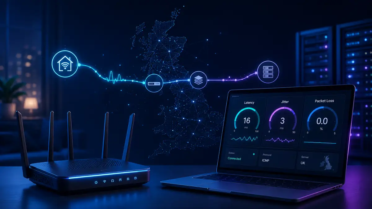 Ping test illustration showing a router, UK network path and live latency dashboard for ping, jitter and failed requests