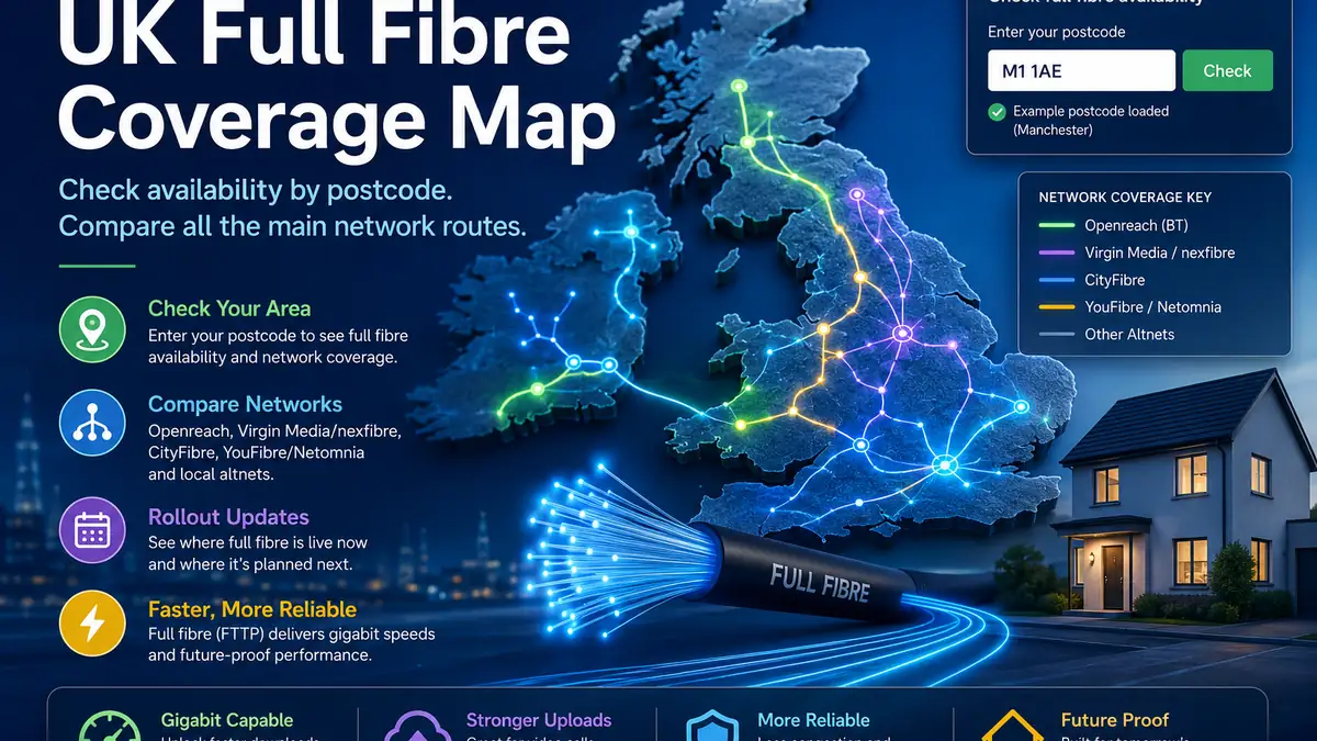 UK full fibre coverage map illustration with fibre network layers, router and postcode checker paths