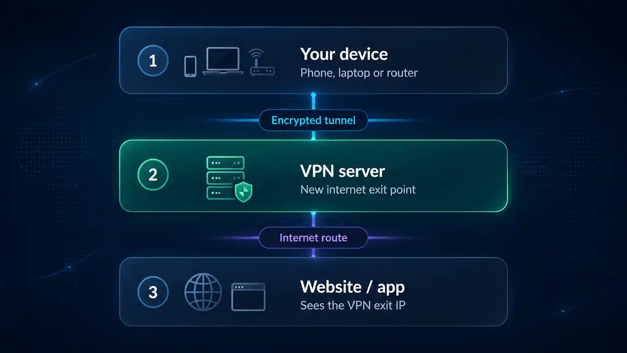 VPN route hero image showing your device, an encrypted tunnel, a VPN server and the website or app that sees the VPN exit IP
