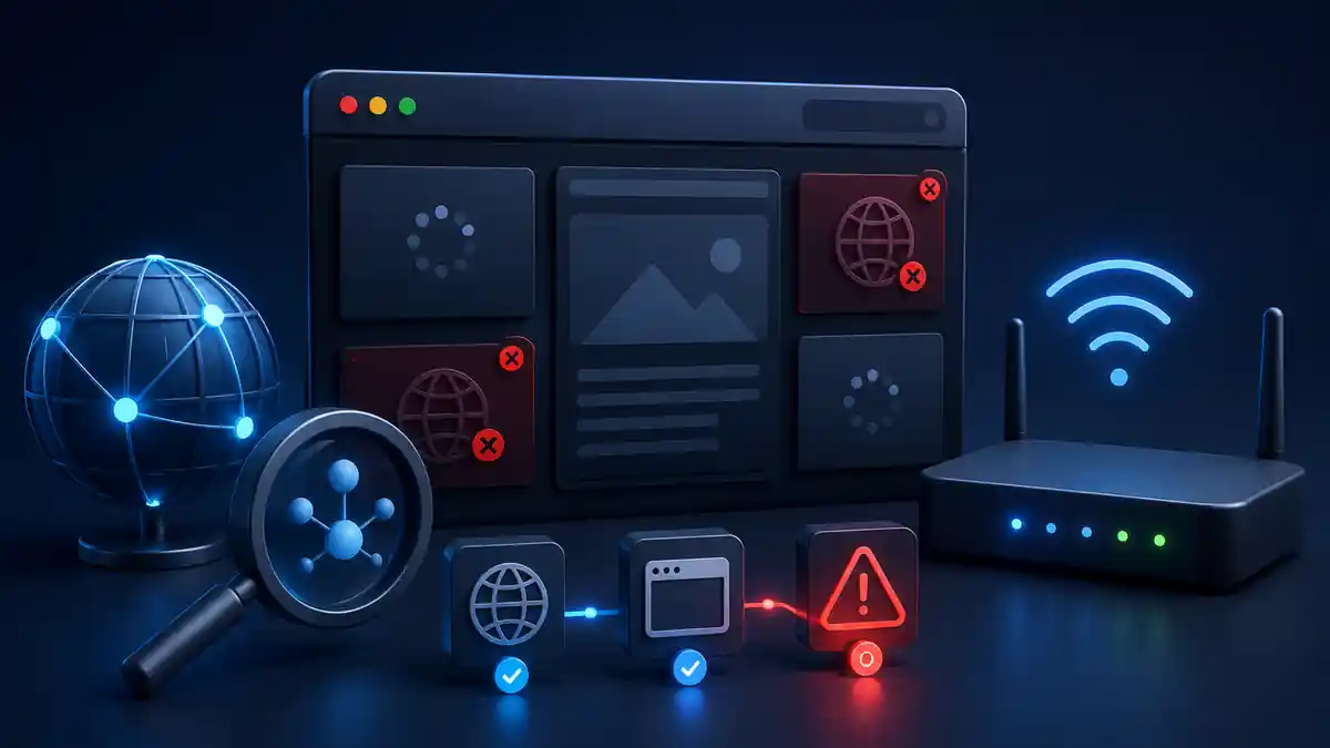 Dark 3D illustration of websites not loading, showing a browser, DNS diagnostics, warning icons and a Wi-Fi router