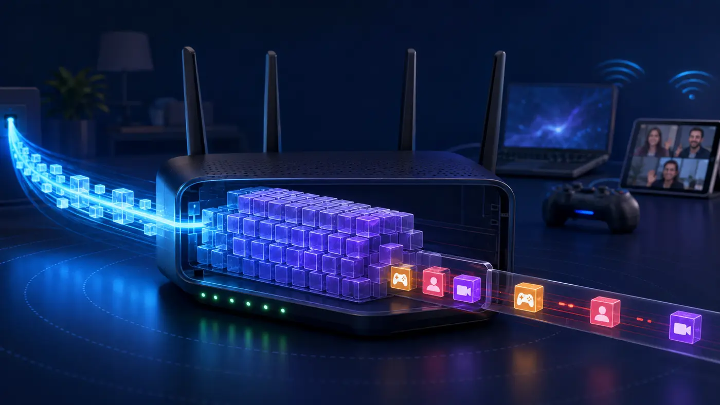 Bufferbloat troubleshooting illustration showing packets queuing inside a router and delaying games and calls