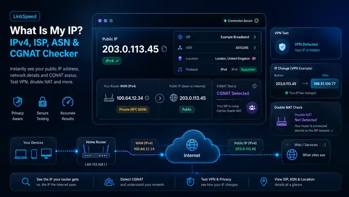 Illustration showing a public IP checker dashboard with ISP, ASN, VPN and CGNAT comparison cards