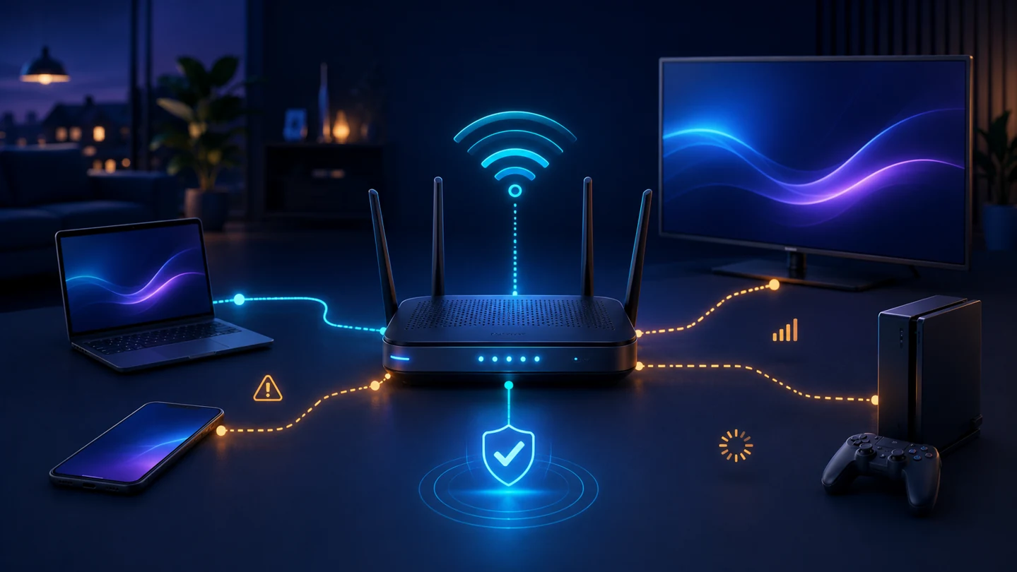 Home router with some devices showing strong connection and others showing slow broadband warning indicators